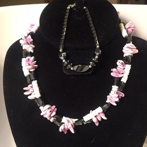 Purple shell hematite necklace, bracelet